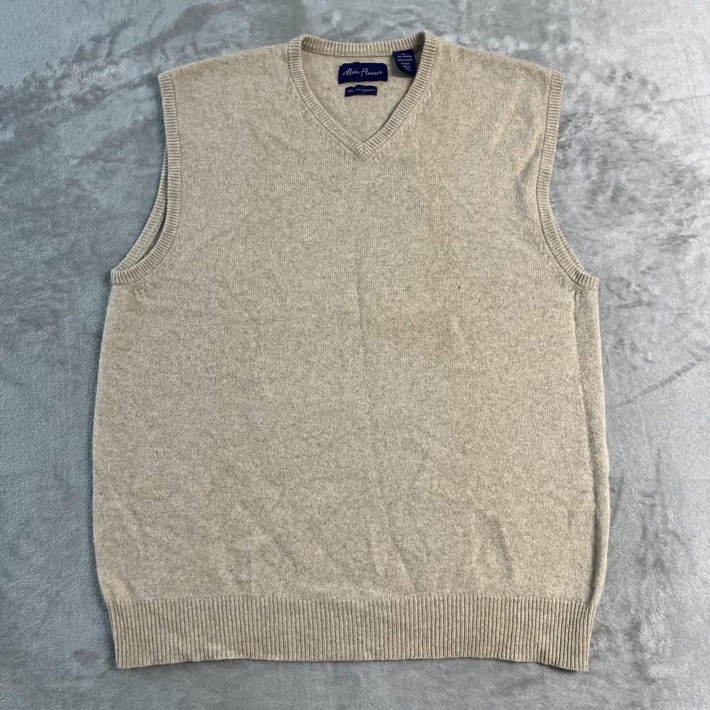 Alan Flusser 100% Cashmere Sweater Vest Mens XL Beige Tan V Neck Knit Luxury